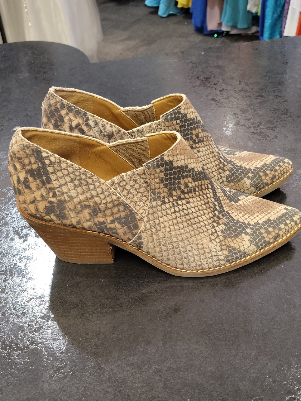 Lucky Brand Beige and Gray Snake-Print Ankle Booties